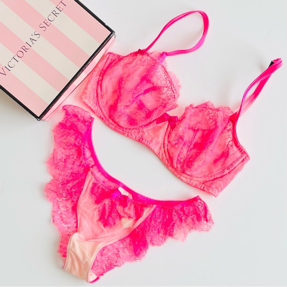 Victoria's Secret Neon Hot Pink Lace Balconette Bra & Ruffle Cheeky Panty Set
